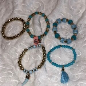 Set of 5 Blue Glass Beads, Chroma Goldtone Charm